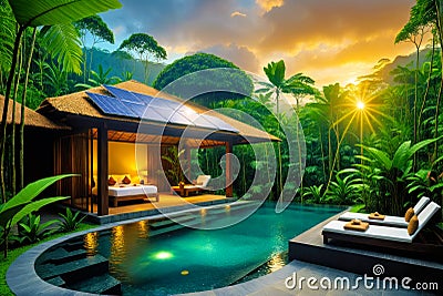 Tranquil Bali Style Spa Retreat Amid Lush Rainforest with Solar Panels, AI Generated Stock Photo