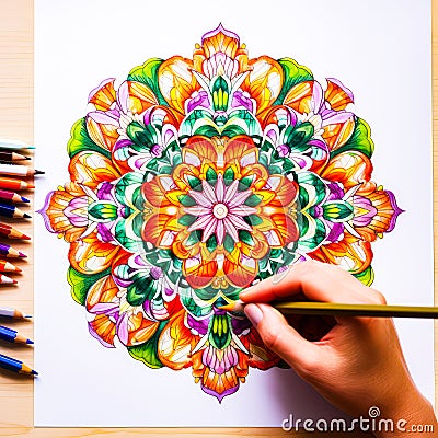 Colorful and detailed artwork of a floral mandala design perfect for relaxation and stress relief Stock Photo