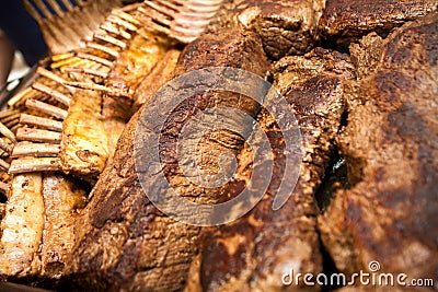 Sizzling BBQ Delight: Steak and Lamb Ribs Grill Masterpiece Stock Photo