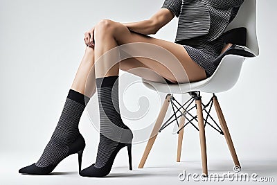 Close-up of women's legs in black patterned socks and high heels - stylish stock photo Stock Photo