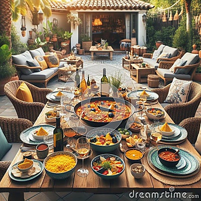 Spanish Style Outdoor Dining: Paella and Authentic Dishes on Wooden Table Stock Photo