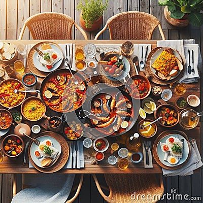 Spanish Style Outdoor Dining: Paella and Authentic Dishes on Wooden Table Stock Photo