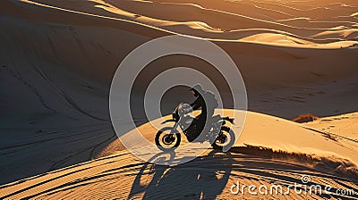 Dune Rider& x27;s Serenade: Motorcycle Silhouette at Sunset Stock Photo