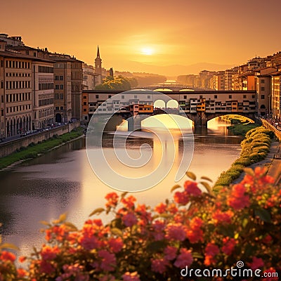 Magical Sunset over Arno River and Ponte Vecchio in Florence Stock Photo