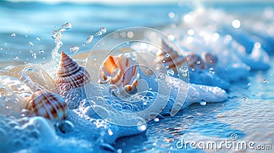 Experience tranquility with blue and white seashells adorning a soothing water wave. Nature's beauty. Ai Generated Stock Photo