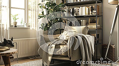 Cozy reading nook with comfortable armchair and lush greenery bathed in sunlight Stock Photo