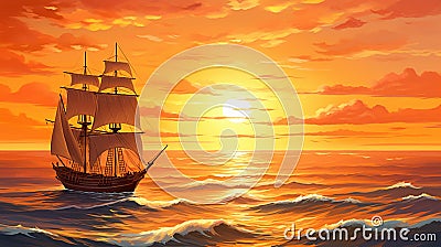 A Ship Glides through Calm Waters, Warm Hues Painting the Canvas of Sea, Sails Bathed in Gentle Glow. Stock Photo