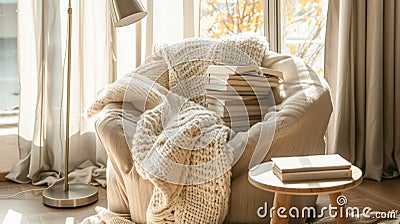 Cozy reading nook with knitted blanket, stack of books, and warm sunlight Stock Photo