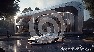 Grandiose Mansion Meets Sleek Supercar in Luxe Outdoor Setting Stock Photo