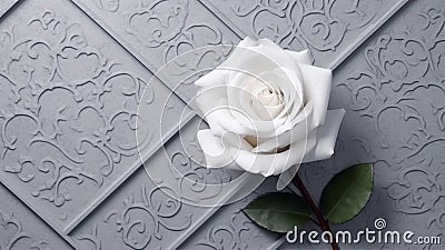 Whispering Beauty: White Rose on Grey Surface with Enchanting Elegance Stock Photo