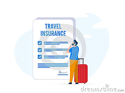 Experience worry-free travel with insurance. Protect life and property while on the move. Man with luggage suitcase Vector Illustration