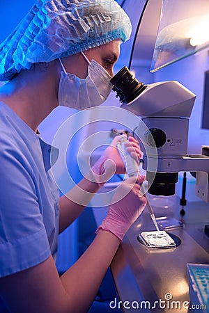 Experienced embryologist preparing specimen for microscopic examination Stock Photo