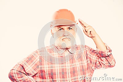 Experienced engineer. Repairing or renovating. Home improvement. Plumber service. Man bearded engineer wear helmet Stock Photo