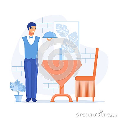 Experienced manager training staff, laundry service, maid ironing guests shirt, waiter serving at banquet, Vector Illustration