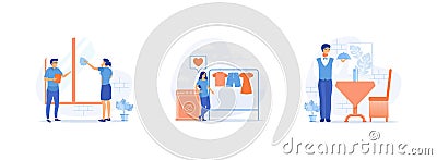 Experienced manager training staff, laundry service, maid ironing guests shirt, waiter serving at banquet. Vector Illustration