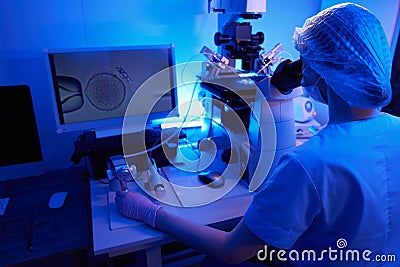 Experienced reproductive scientist doing intracytoplasmic sperm injection Stock Photo