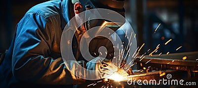 Experienced worker skillfully performing welding with an arc welder in a manufacturing facility Stock Photo