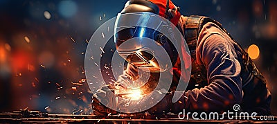 Experienced worker wearing protective gear expertly performing arc welding with an electric welder Stock Photo