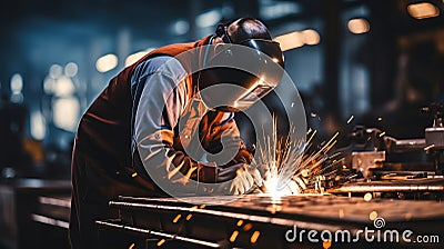 Experienced worker wearing protective gear while performing arc welding with an electric welder Stock Photo