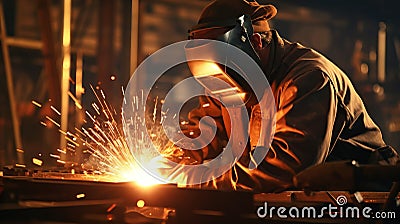 Experienced worker wearing protective gear while skillfully performing welding with an arc welder Stock Photo