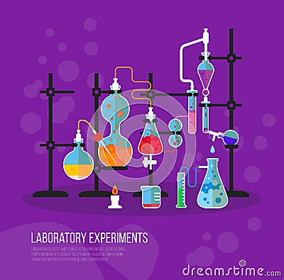 Experiment chemistry glassware flask with tubes. Bottle with liquid for laboratory or lab chemical experiment at school Vector Illustration