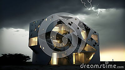 Experimental architecture design, creative, visualization with evening illumination, neural network generated art Stock Photo