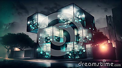 Experimental architecture design, creative, visualization with evening illumination, neural network generated art Stock Photo