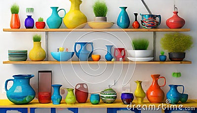 Experimental Pottery Shelf With Colorful Objects - 3d Render Stock Photo