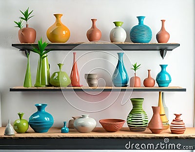 Experimental Pottery Shelf With Colorful Objects - 3d Render Stock Photo