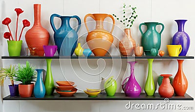 Experimental Pottery Shelf With Colorful Objects - 3d Render Stock Photo