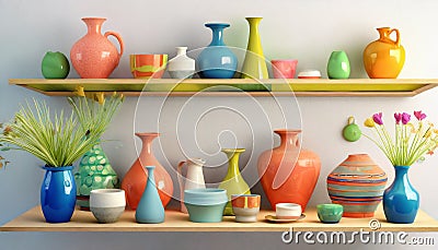 Experimental Pottery Shelf With Colorful Objects - 3d Render Stock Photo
