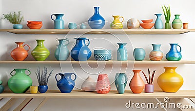 Experimental Pottery Shelf With Colorful Objects - 3d Render Stock Photo