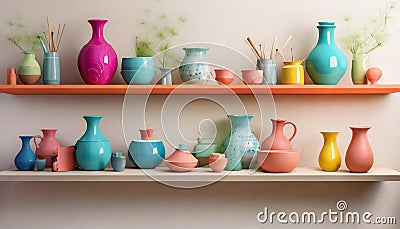 Experimental Pottery Shelf With Colorful Objects - 3d Render Stock Photo