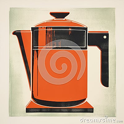 Vibrant Orange Coffee Pot Print With Unique Black And White Designs Stock Photo