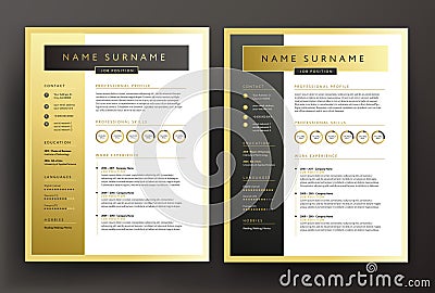 Expert CV / resume template in black and gold colors - professional curriculum vitae vector design Vector Illustration