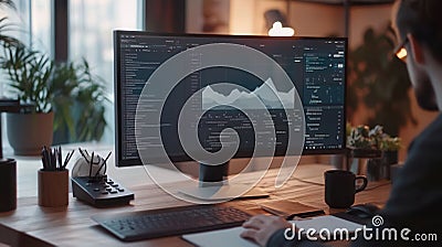 An expert is deeply engaged in analyzing intricate data on a large monitor, with a tidy desk setup including a notepad Stock Photo