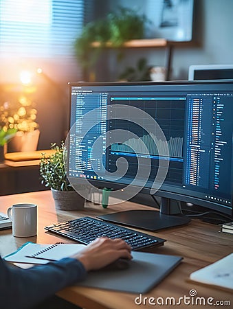 An expert is deeply focused on analyzing data displayed on a large monitor while using a keyboard and notepad at a tidy Stock Photo