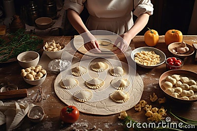 Expert hands of a woman engaged in the art of making manti, an esteemed Asian national delicacy. A culinary heritage of Asia. Stock Photo