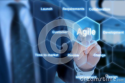 IT expert pressing a tile in an agile development keyword grid Stock Photo