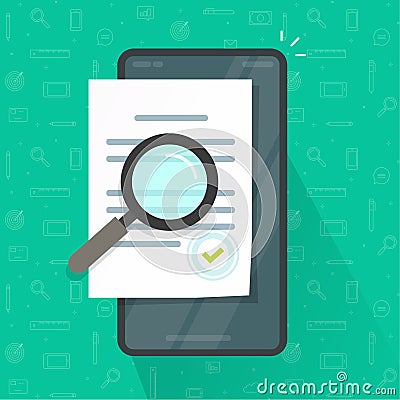 Expertise document inspection via mobile phone online, digital compliance review, assessment evaluation vector Stock Photo