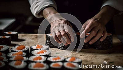 Expertise in Japanese cuisine fresh seafood, rolled sushi, selective focus generated by AI Stock Photo