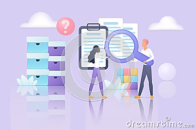 Expertise and search of solution and information by tiny people with magnifying glass Vector Illustration