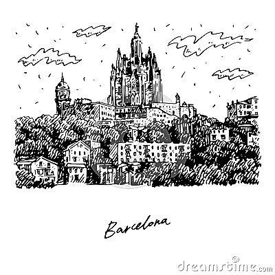 The Expiatory Church. Barcelona, Catalonia, Spain. Graphic illustration Vector Illustration