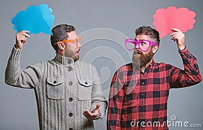 Explain humor concept. Funny story and humor. Comic idea. Men joking. Share opinion speech bubble copy space. Comic and Stock Photo