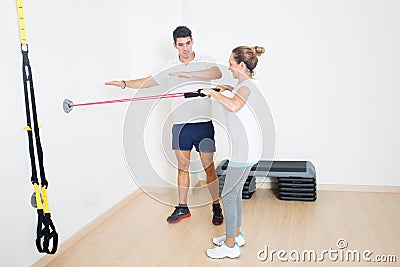 Explaining a fitness exercise Stock Photo