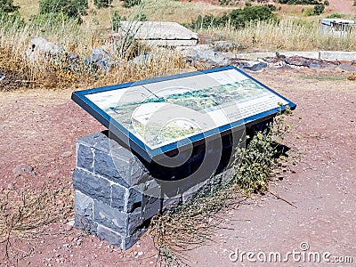 The explanatory stand on which the map is drawn is on a hill in the Golan Heights in Israel Editorial Stock Photo