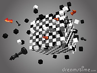 Exploded chess cube on gray background Stock Photo