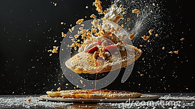 Exploded Delicious Pancake on Dark Background Stock Photo