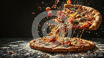 Exploded Delicious Pizza with Fresh Vegetables on Dark Background Stock Photo