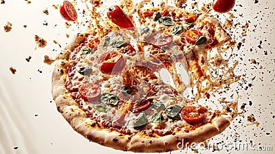 Exploded Delicious Pizza with Fresh Vegetables on Light Background Stock Photo